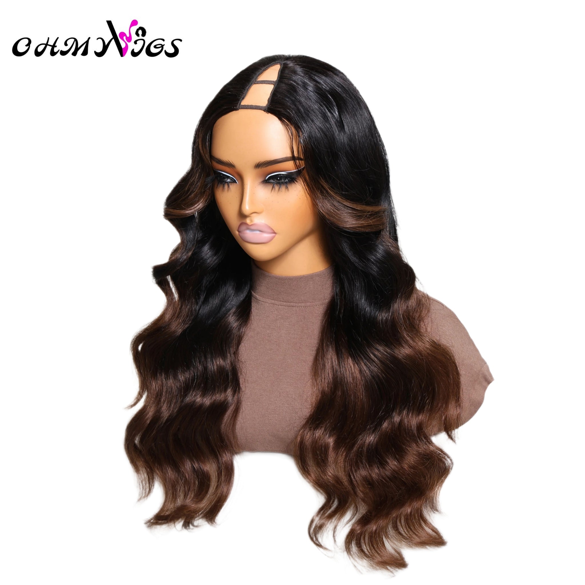 OHMYVIGS Perruque V-Part body wave ombrée, 100 % cheveux humains, clip-in, mini leave-out, facile à intégrer