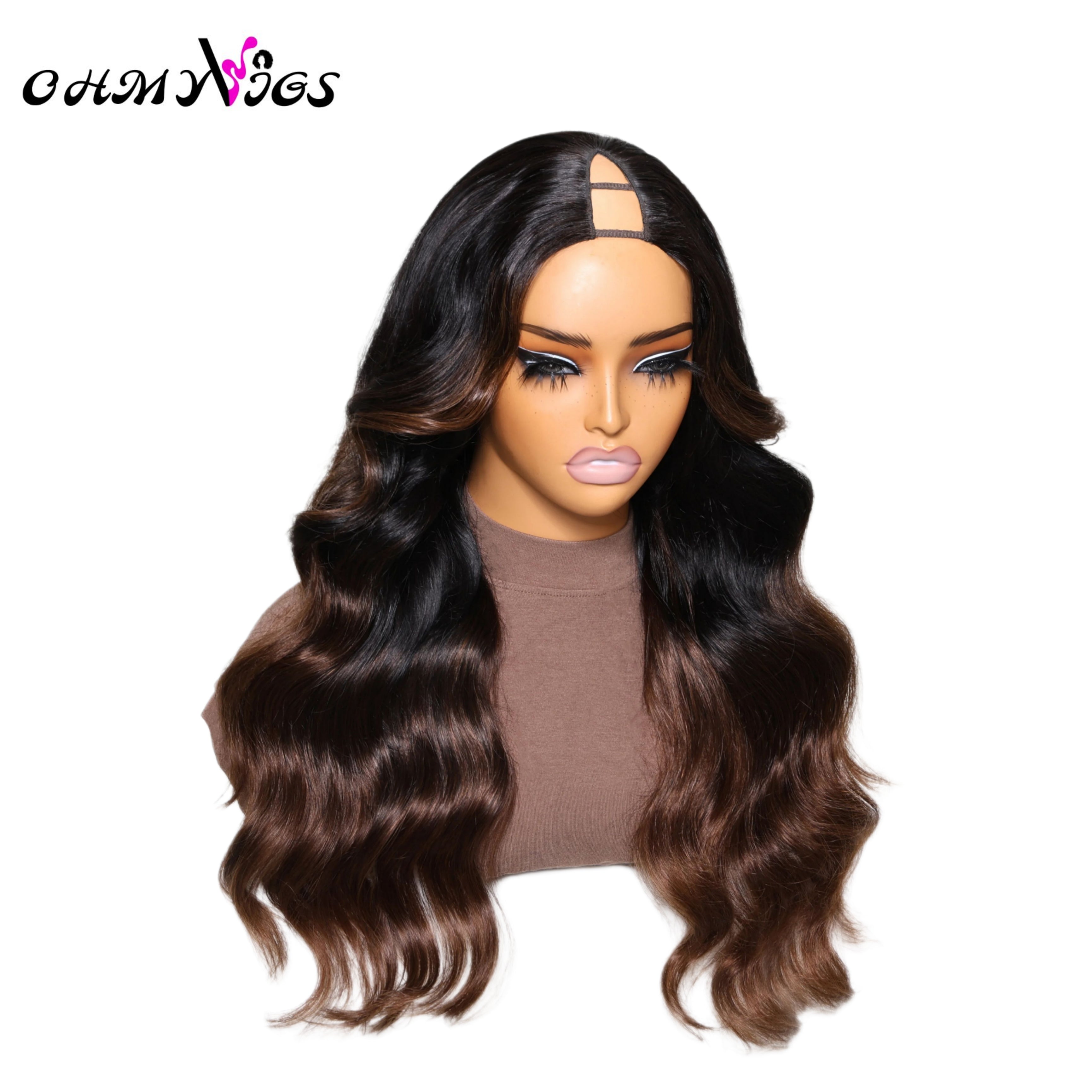 OHMYVIGS Perruque V-Part body wave ombrée, 100 % cheveux humains, clip-in, mini leave-out, facile à intégrer