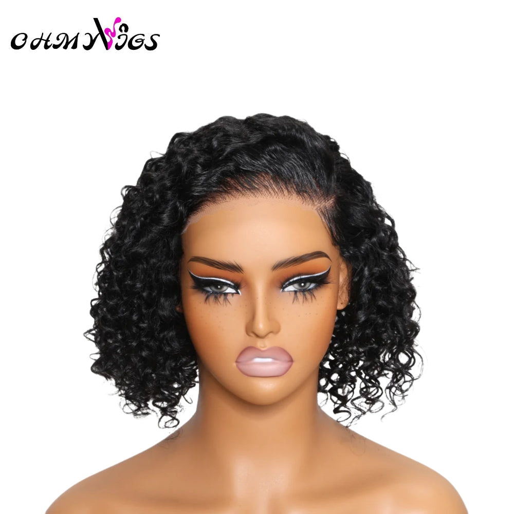 OHMYVIGS Perruque courte curly bob, 100 % cheveux humains, pré-coupée, pré-décolorée, style pixie cut, prête à porter, sans colle.