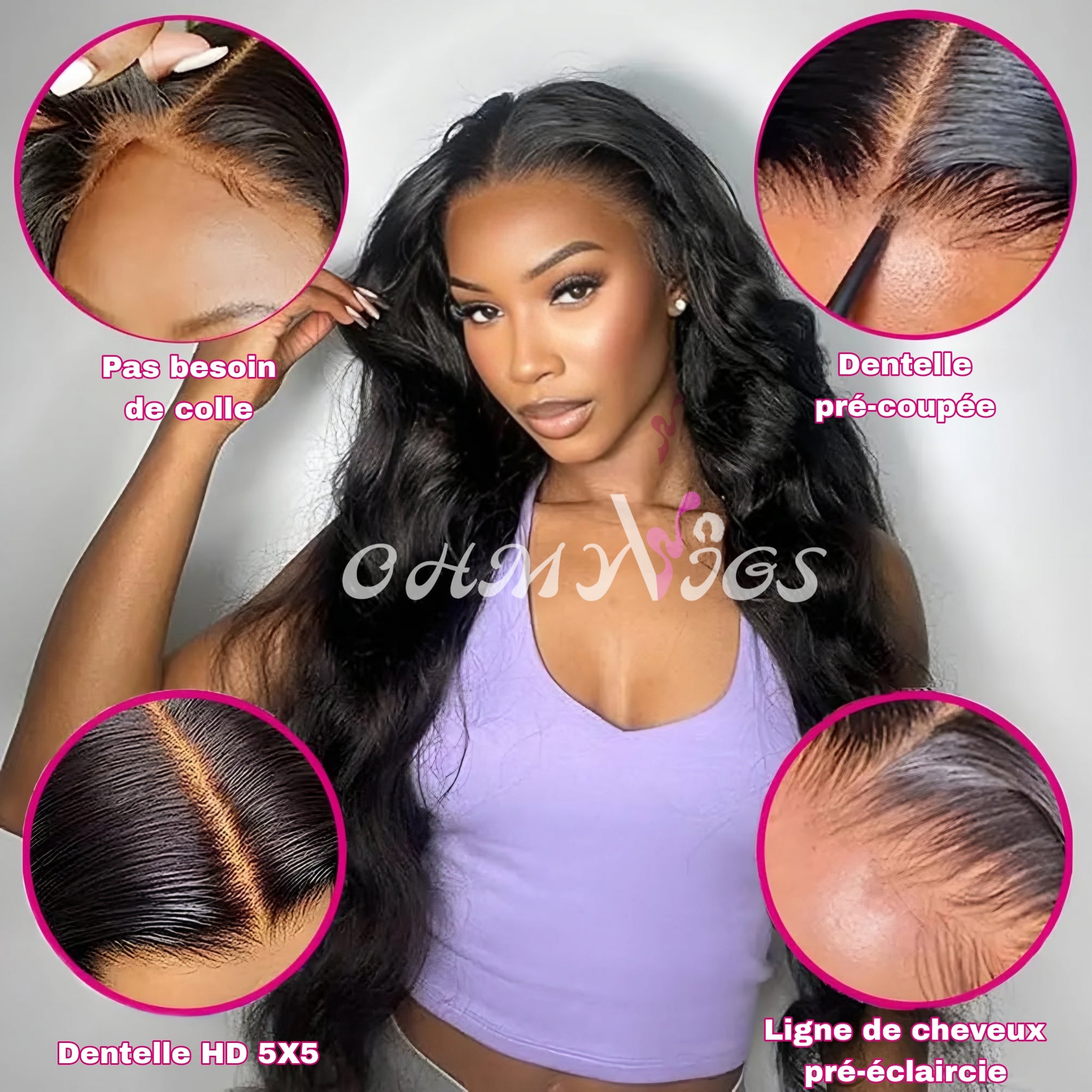 OHMYVIGS Perruque body wave, 100 % cheveux humains, lace 6x4/5x5, sans colle, prête à porter