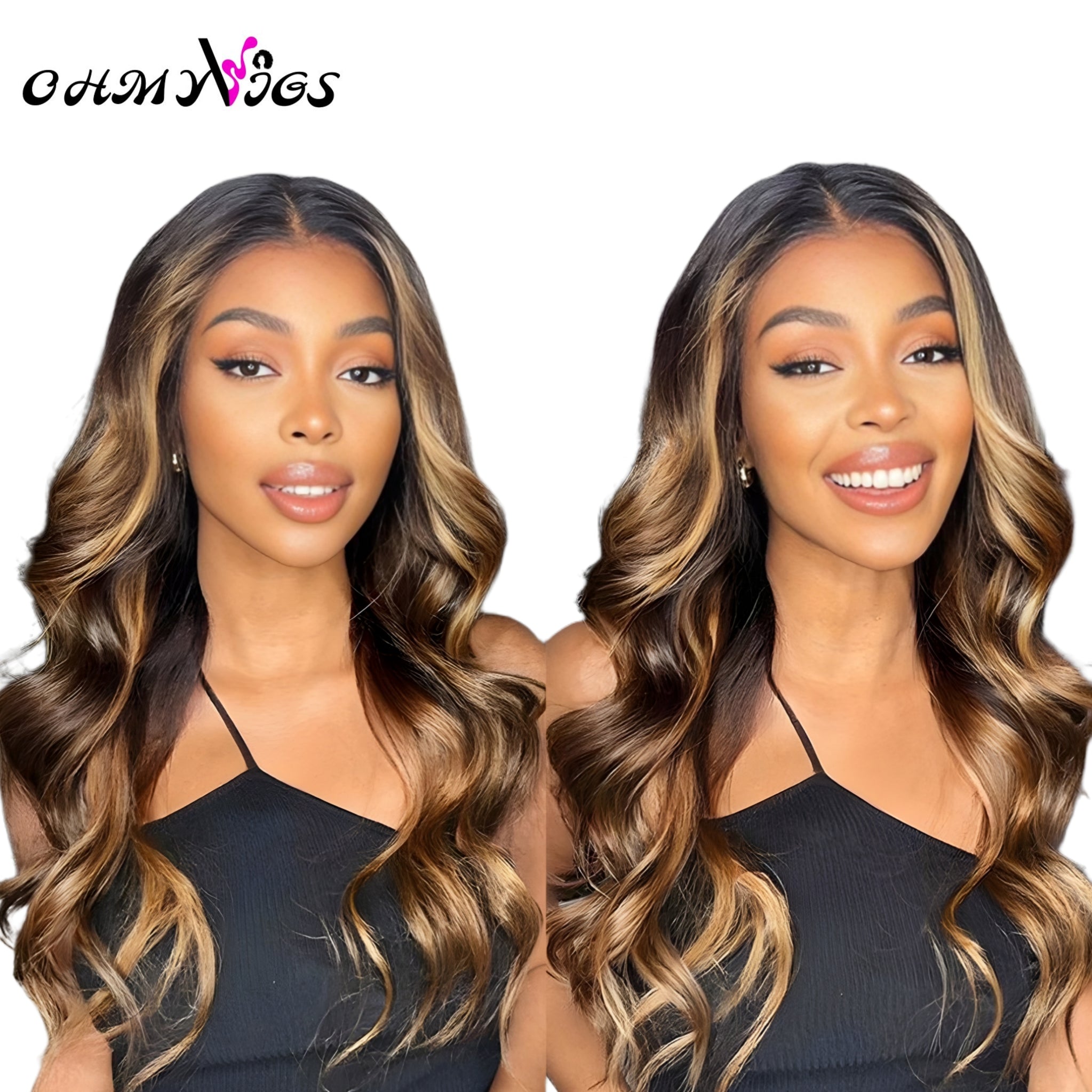 OHMYVIGS Perruque 100 % cheveux humains body wave, lace 7x5, mèches blondes et brunes, prête à porter.