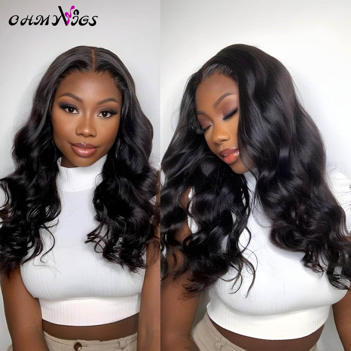 OHMYVIGS Perruque V-Part body wave, 100 % cheveux humains, minimal leave-out, facile à intégrer.