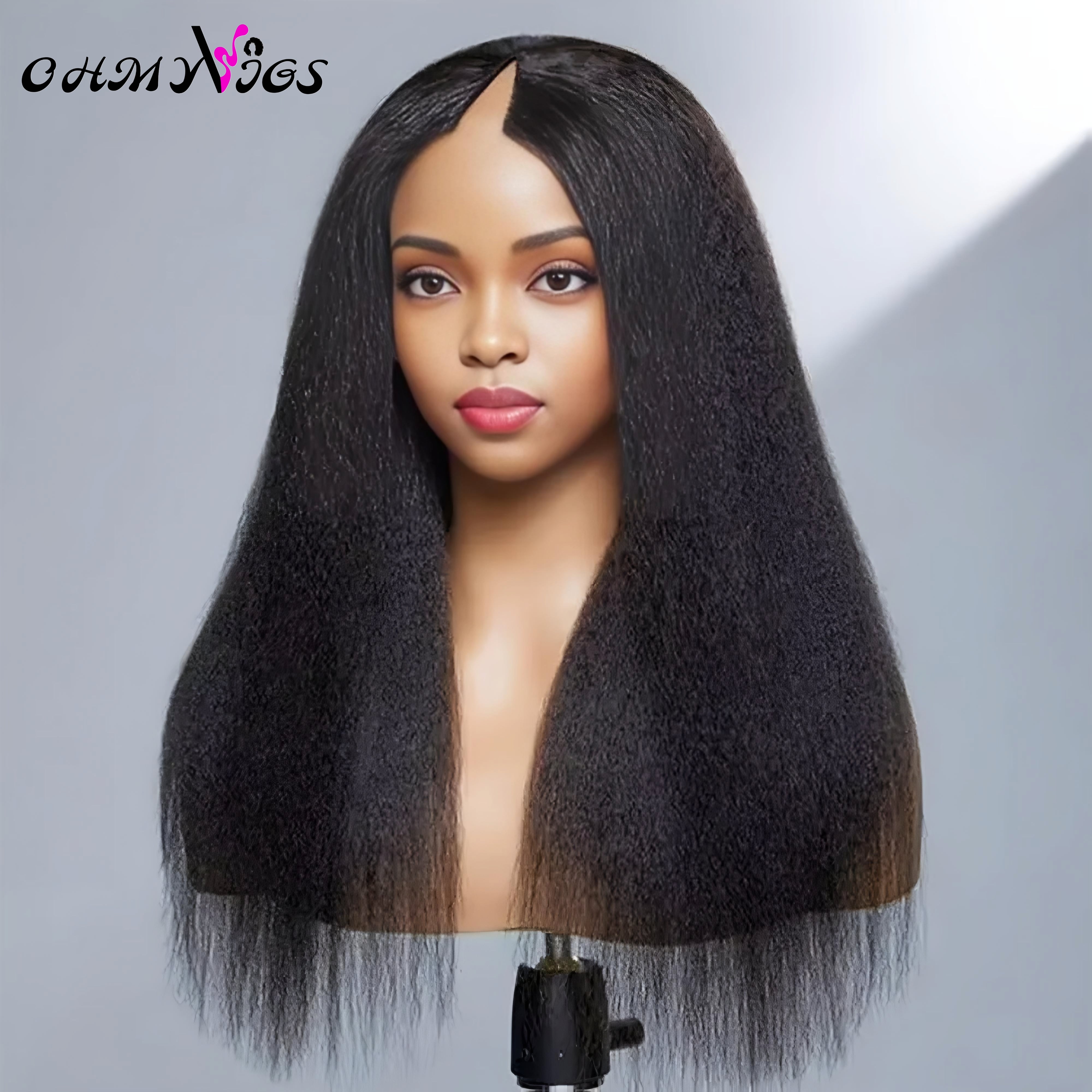 OHMYVIGS Perruque V-Part yaki straight, 100 % cheveux humains, clip-in, prête à porter, sans couture